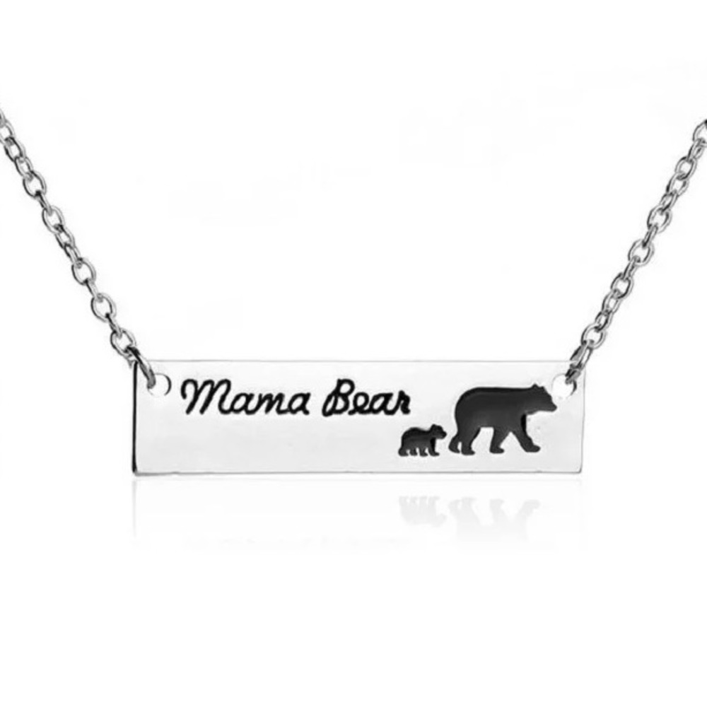 Mama Bear and Cubs Silver Bar Pendant Necklace - Picture 2 of 8